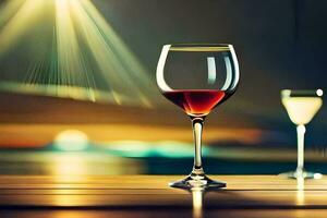 två glasögon av vin på en tabell i främre av en ljus ljus. ai-genererad foto