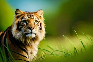 en tiger är Sammanträde i de gräs. ai-genererad foto