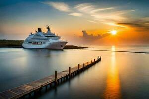 en kryssning fartyg dockad på solnedgång. ai-genererad foto