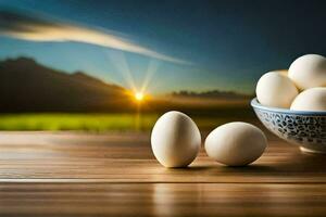 vit ägg i en skål på en tabell med en solnedgång i de bakgrund. ai-genererad foto