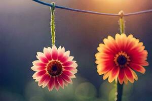 två blommor hängande från en klädstreck. ai-genererad foto