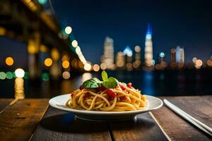 spaghetti med tomat sås och basilika på en tallrik. ai-genererad foto