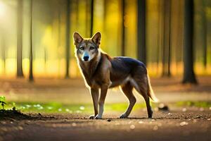 en hund stående i de mitten av en skog. ai-genererad foto