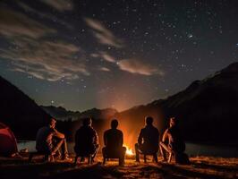 en grupp av vänner Sammanträde runt om en lägereld under en starry himmel generativ ai foto