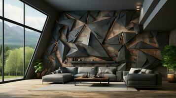 3d interiör vägg konst dekor levande rum med stereo rådjur djur- och abstrakt geometrisk spricka sten vägg generativ ai foto