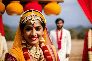 en leende brud i traditionell indisk klädsel. ai-genererad foto