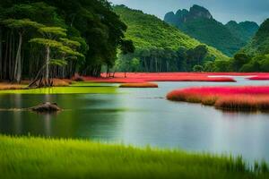 en flod med rosa blommor och träd. ai-genererad foto