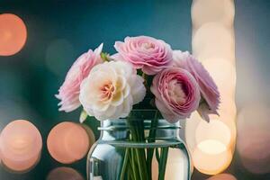 rosa blommor i en glas vas på en tabell. ai-genererad foto