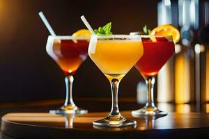 tre annorlunda cocktails i glasögon på en tabell. ai-genererad foto