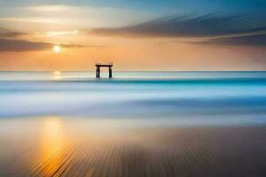 en pir på de strand på solnedgång. ai-genererad foto