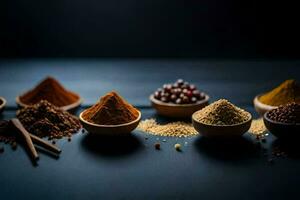olika kryddor och kryddor i skålar på en mörk bakgrund. ai-genererad foto