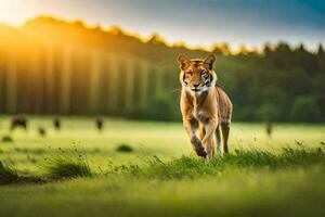 en tiger gående tvärs över en fält på solnedgång. ai-genererad foto