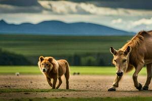 en häst och en lejon gående tillsammans i de fält. ai-genererad foto