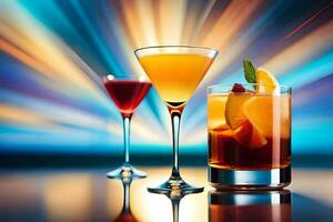 tre annorlunda cocktails på en tabell med en ljus ljus. ai-genererad foto