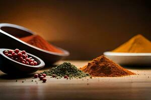 olika kryddor och kryddor på en tabell. ai-genererad foto