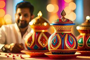 man belysning diyas på diwali. ai-genererad foto