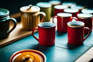 färgrik kaffe muggar på en trä- tabell. ai-genererad foto