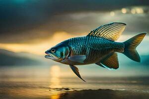 en fisk är flygande över de vatten på solnedgång. ai-genererad foto