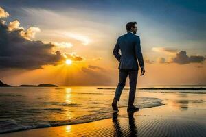 en man i en kostym står på de strand på solnedgång. ai-genererad foto
