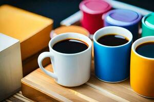 tre kaffe koppar med annorlunda färger på en tabell. ai-genererad foto