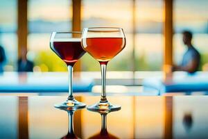 två glasögon av vin på en bar disken. ai-genererad foto