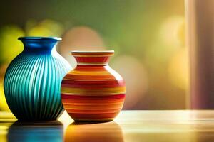 två färgrik vaser sitta på en tabell i främre av en fönster. ai-genererad foto