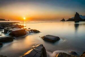 de Sol uppsättningar över en klippig strand med stenar och vatten. ai-genererad foto