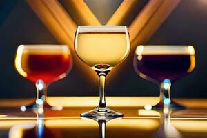 tre glasögon av vin på en tabell. ai-genererad foto