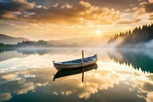 en båt är flytande på en sjö på solnedgång. ai-genererad foto