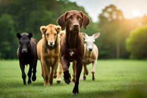 en hund löpning med en besättning av djur. ai-genererad foto