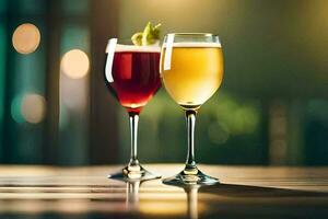 två glasögon av vin på en tabell. ai-genererad foto