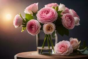 rosa ro i en vas på en trä- tabell. ai-genererad foto