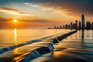 de Sol uppsättningar över de chicago horisont. ai-genererad foto