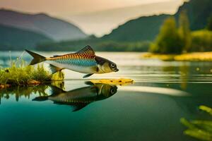 en fisk är stående på de kant av en sjö. ai-genererad foto