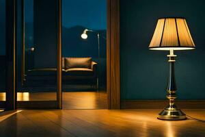 en lampa på en trä- golv i främre av en glas dörr. ai-genererad foto