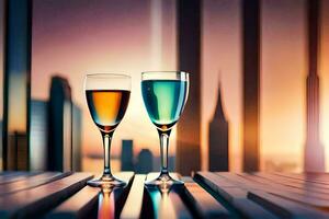 två glasögon av vin på en tabell i främre av en stad horisont. ai-genererad foto