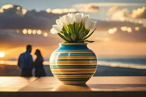 en par är sett i de bakgrund som en vas av tulpaner sitter på en tabell. ai-genererad foto