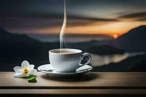 en kopp av kaffe och en blomma på en trä- tabell. ai-genererad foto