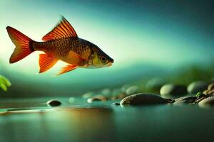 en fisk är flygande över vatten med stenar och växter. ai-genererad foto