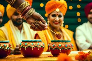 indisk bröllop ceremoni med människor i turbaner. ai-genererad foto