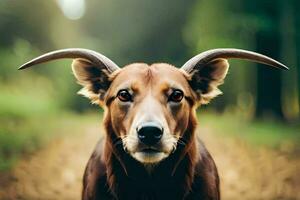 en hund med lång horn stående i de mitten av en fält. ai-genererad foto