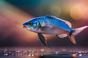 en fisk med blå och gul fenor är visad i de vatten. ai-genererad foto