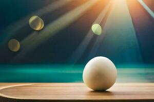 ett ägg på en tabell i främre av en ljus ljus. ai-genererad foto