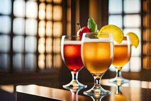 tre glasögon av alkoholhaltig drycker sitta på en tabell. ai-genererad foto