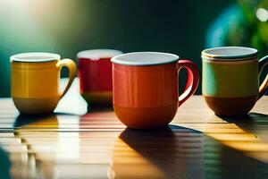färgrik kaffe koppar på en trä- tabell. ai-genererad foto