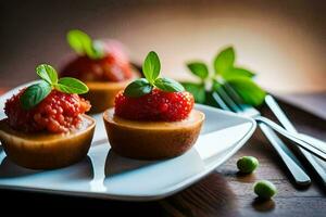 tre mini muffins med jordgubbar på en vit tallrik. ai-genererad foto