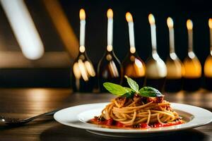 spaghetti med tomat sås och basilika löv på en vit tallrik. ai-genererad foto