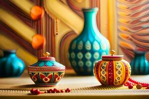 färgrik vaser och dekorativ objekt på en tabell. ai-genererad foto