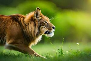 en lejon gående genom en fält av grön gräs. ai-genererad foto