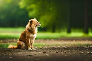 en hund Sammanträde på de jord i en parkera. ai-genererad foto